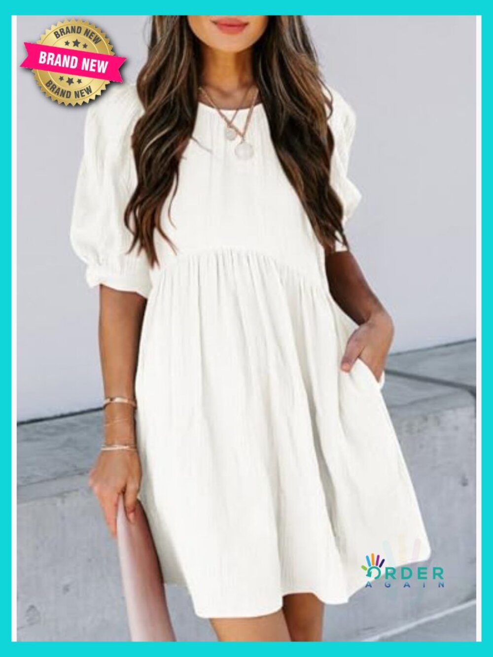 Puff Sleeve Empire Waist Mini Swing Dress with Pockets Elegant Casual - Picture 3 of 7